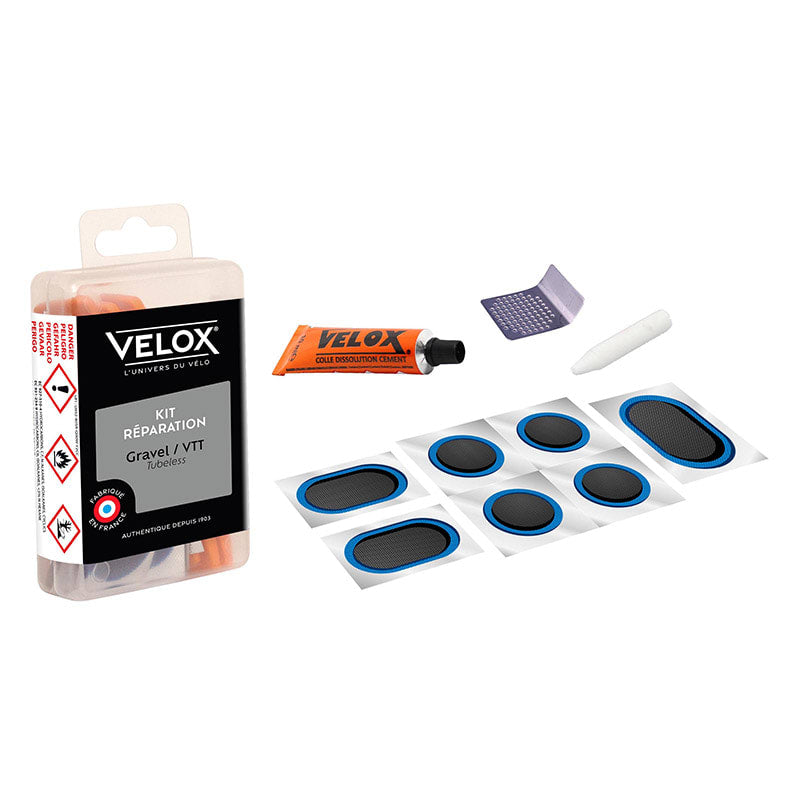 KIT réparation tubeless VTT : 1 mastic + 1 grattoir + 7 rustines + 1 craie