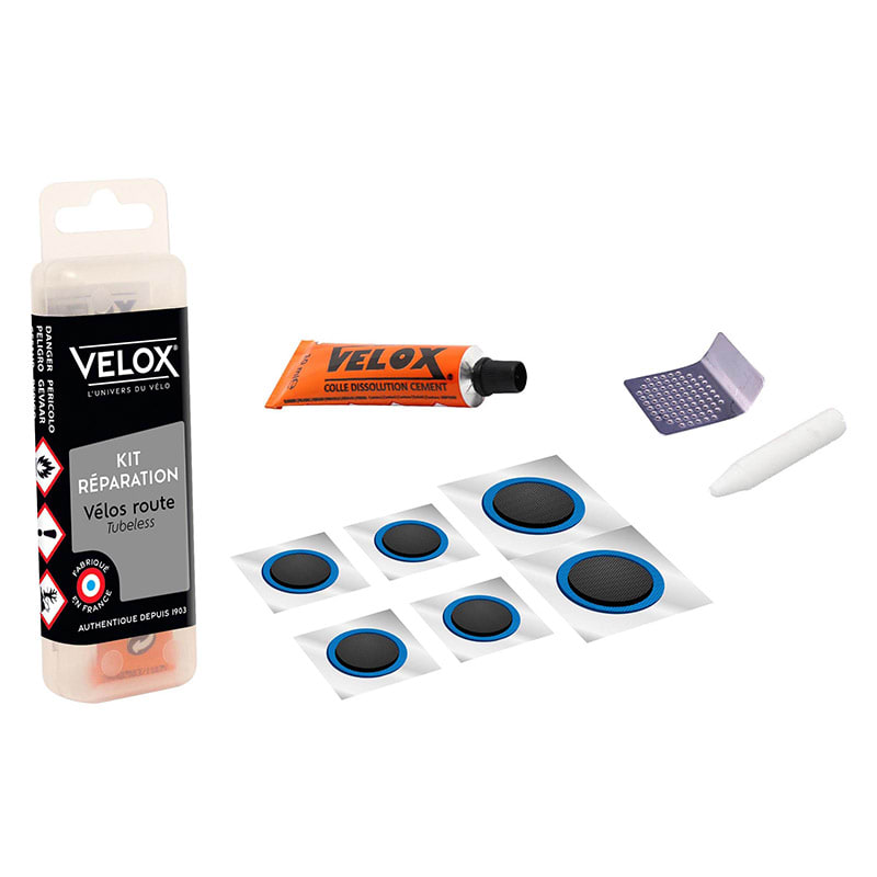 KIT réparation tubeless ROUTE : 1 mastic + 1 grattoir + 6 rustines + 1 craie