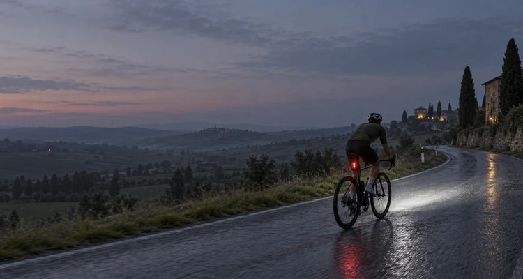 Ciclista su strada bagnata al crepuscolo con luce anteriore bianca e luce posteriore rossa